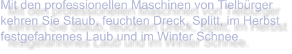 Mit den professionellen Maschinen von Tielbürger kehren Sie Staub, feuchten Dreck, Splitt, im Herbst festgefahrenes Laub und im Winter Schnee.